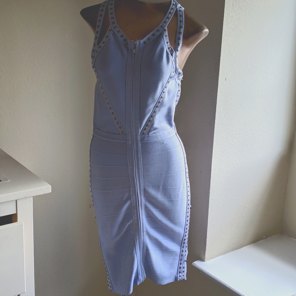 Dusty Blue Bodycon Studded Gold Bandage Dress US 6 Fabric is stretchy